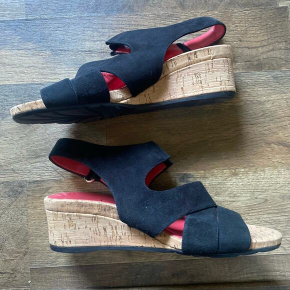 Pas De Rouge Sandals Wedge Heels Cork Suede Leather Black Gladiator Strappy - Picture 3 of 8